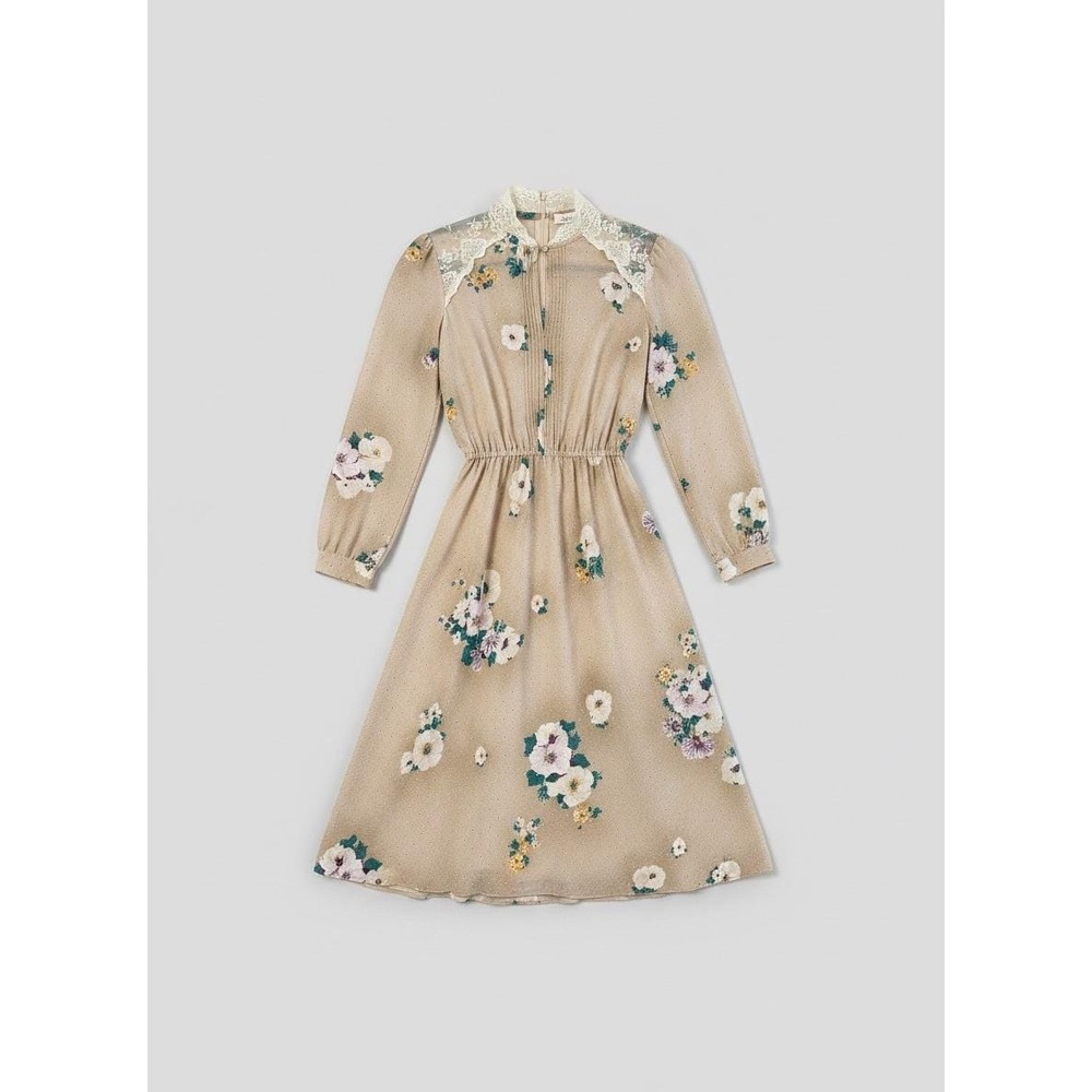 Vintage 70s‎ ILGWU Floral Lace Collar Midi Dress Cottagecore Prairie USA Made XS